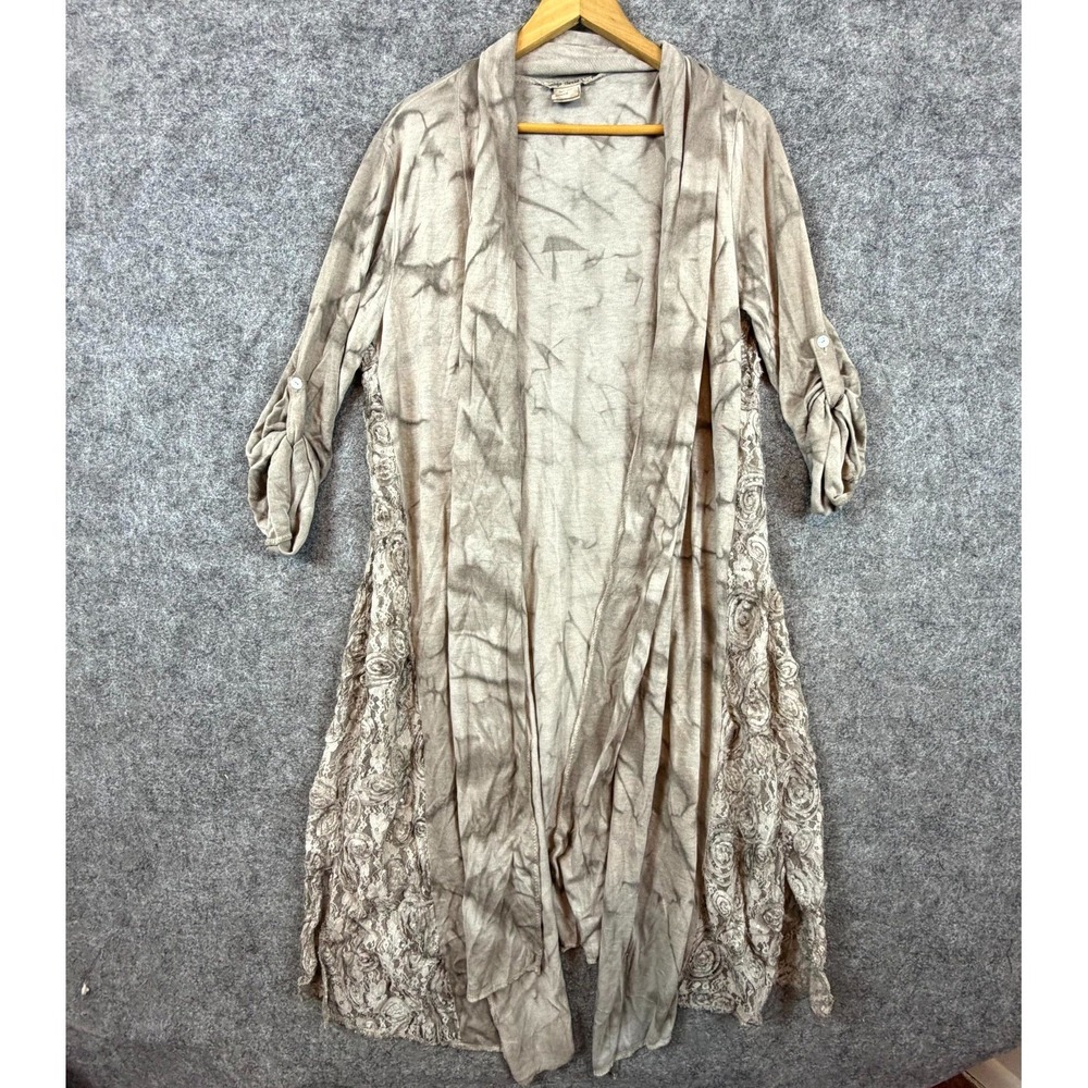 Indigo Thread‎ Co Duster Cardigan Womens Large Taupe Tie Dye Roll Tab Sleeve
